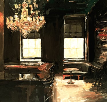 a paintig of an interior of a pub with lonely figure