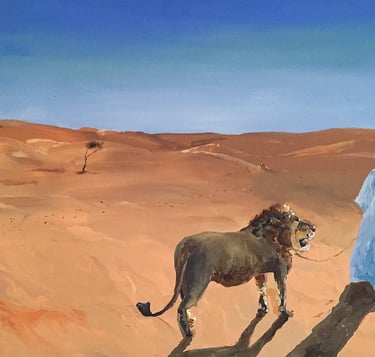 a man in a white robe is walking through the desert with lion