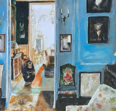 a painting of a living room with a blue wall, monkey and monkey portraits