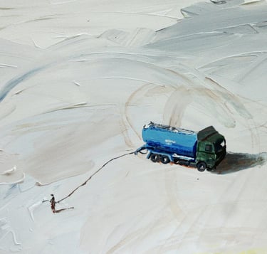 a painting of a truck and lonely worker in the desert