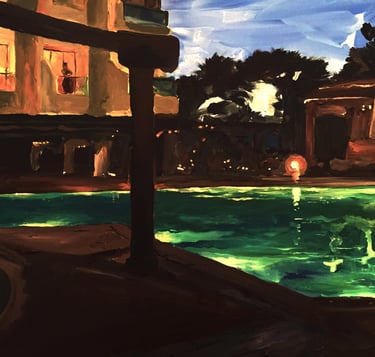 a painting of a pool with a view of a hotel