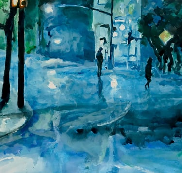 a painting of a person walking down a street