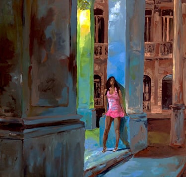 a woman in a pink dress standing in front of a building