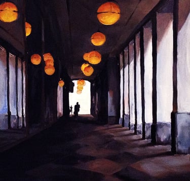 a painting of a person walking down a shoppig arcade