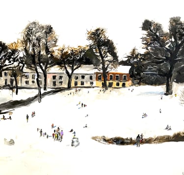 a painting of a group of people on a snowy day