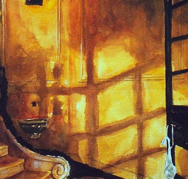 a painting of a staircase with bra hanging on door handle