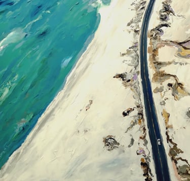 a painting of a road by the seashore