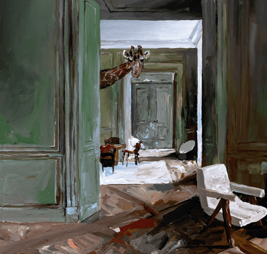 a giraffe standing in a room with a chair and a chair
