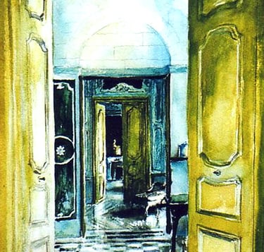 a painting of a hallway 