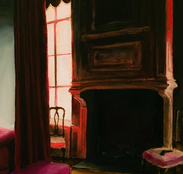 a painting of a room with a couch and a chair with pistol