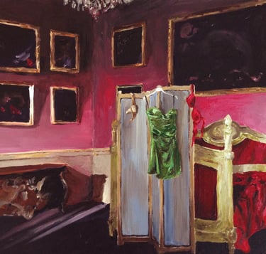 a painting of a room with a chandelier and a screen with dress and gun holster