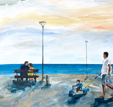 painting of a man pushing baby stroller looking at young amorous couple on the bench