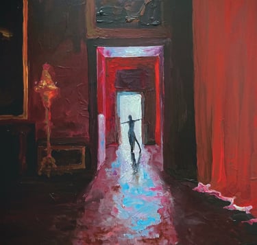 a painting of a red room and a woan at the end of the corridor