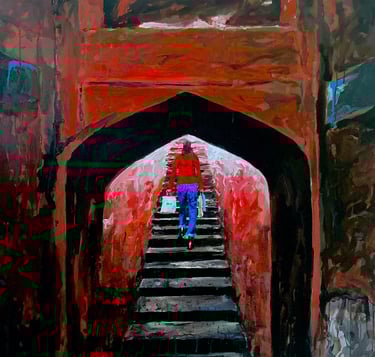 painting of an Indian girl carrying Dior bag walkig up the stairs