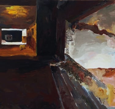 a painting of a room with a window and a window