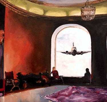 a painting of a room with big window and plane flying over a room