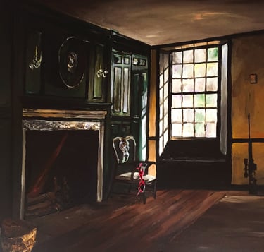 a painting of a room with a chair and sniper rifle