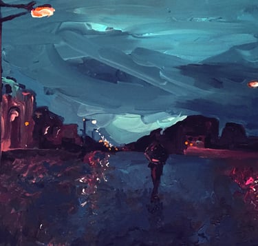 a painting of a person walking down a street