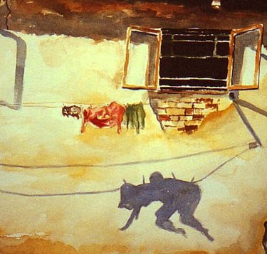 a painting of a shadow of amorous couple  on a clothes line