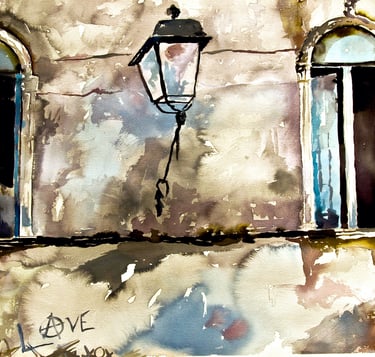 a painting of a facade with a lamp post