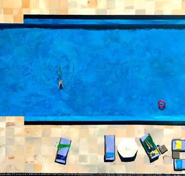a painting of a swimming pool and a few people