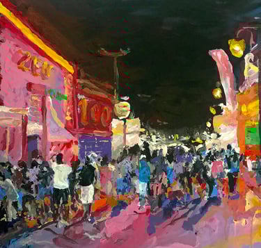 a painting of a city street scene with people walking down the street