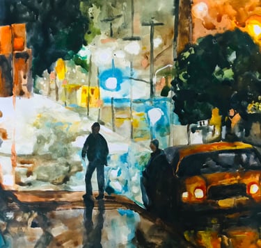 a painting of a man walking down a street