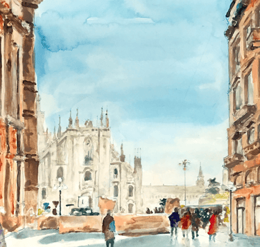a painting of a city street scene with people walking down the street