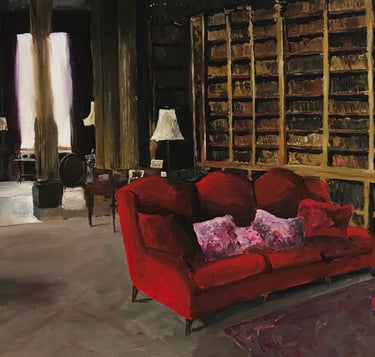 a painting of a red couch in a room with library and butterflies