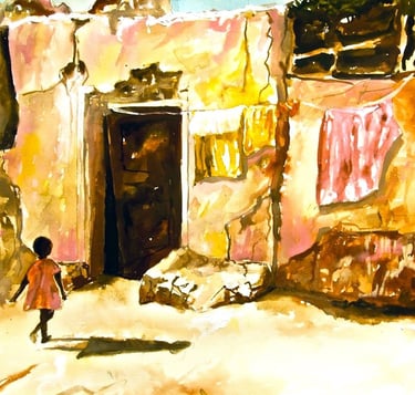 a painting of a girl walking through a dirty street