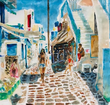a painting of a woman walking down a cobblestone street
