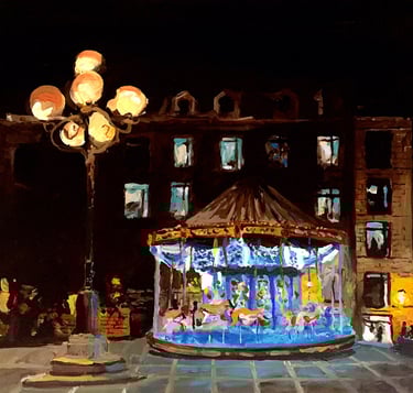 a painting of a carousel ride at night