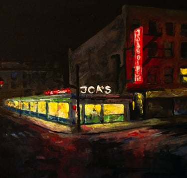 a painting of a restaurant with a neon sign that says soars