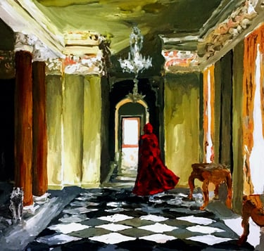 a painting of a woman in a red dress and wolf