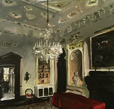 a painting of a room with a chandelier, table with red cloth and chair with pair of stilettos