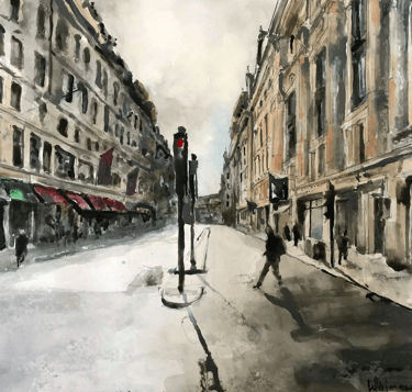 a painting of Regent Street scene with a man walking down the street