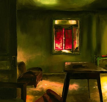 a painting of a dilapidated  room with a table and chairs