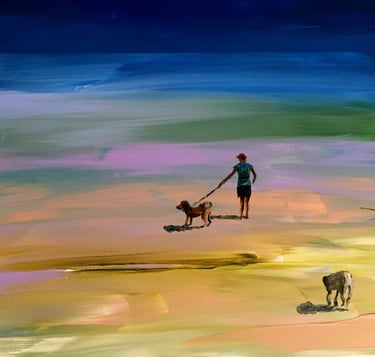 a woman walking a dog on a beach