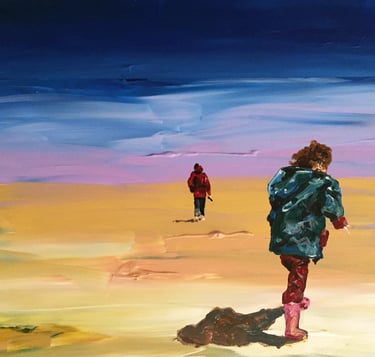 a painting of a woman walking on a beach