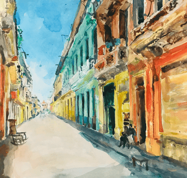 a painting of a person sitting outside a house  down a street