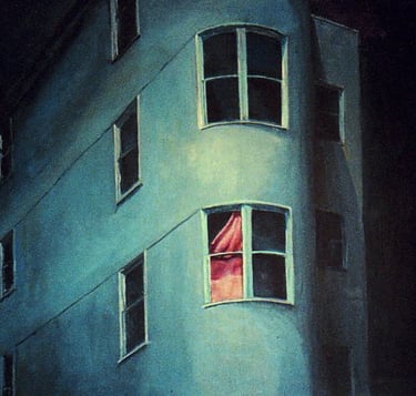 a painting of a building with a red curtain in the window