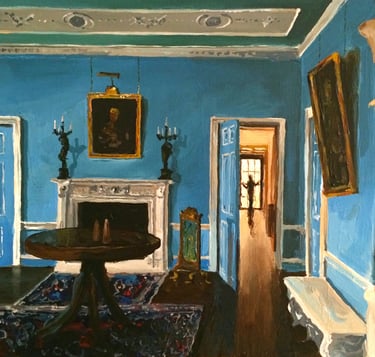 a painting of a room with a table and chairs