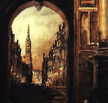 a painting of a city street scene