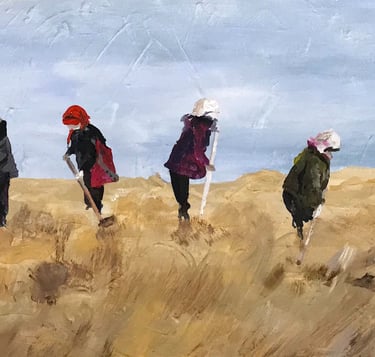 a painting of a group of people walking through a field