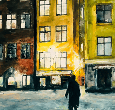 a painting of a person walking down a street in Stockholm