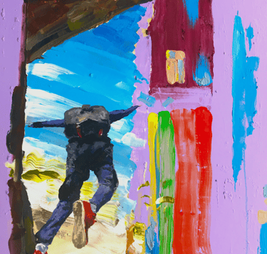a painting of a parachuter jumping from the plane.