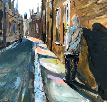 a painting of a man walking down a street