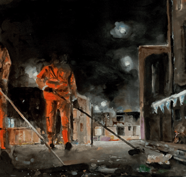 a painting of two men in orange uniforms sweeping the street. teddy toy being swept with rubbish