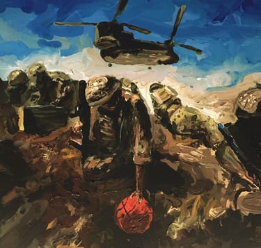 a painting of a helicopter and soldiers playing basketball