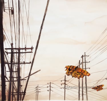 a painting of butterflies and power lines
